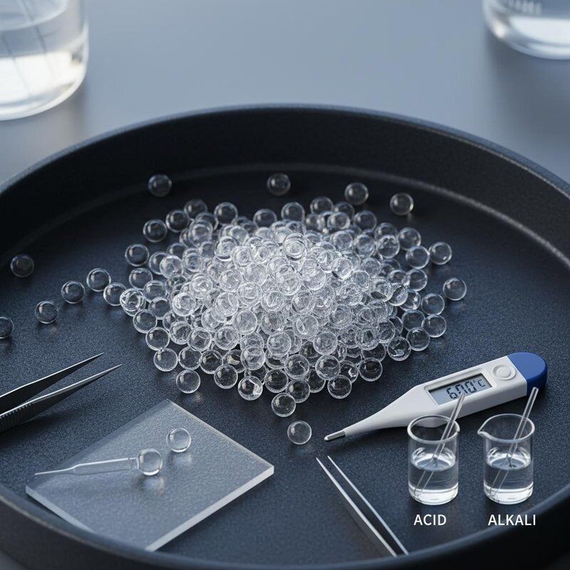 حبات الزجاج المجوفة التي يبلغ قطرها 10-75 ميكرو متراً، ومقاومة لدرجات الحرارة تصل إلى 600 درجة مئوية، ومقاومة جيدة للأحماض والحلزون